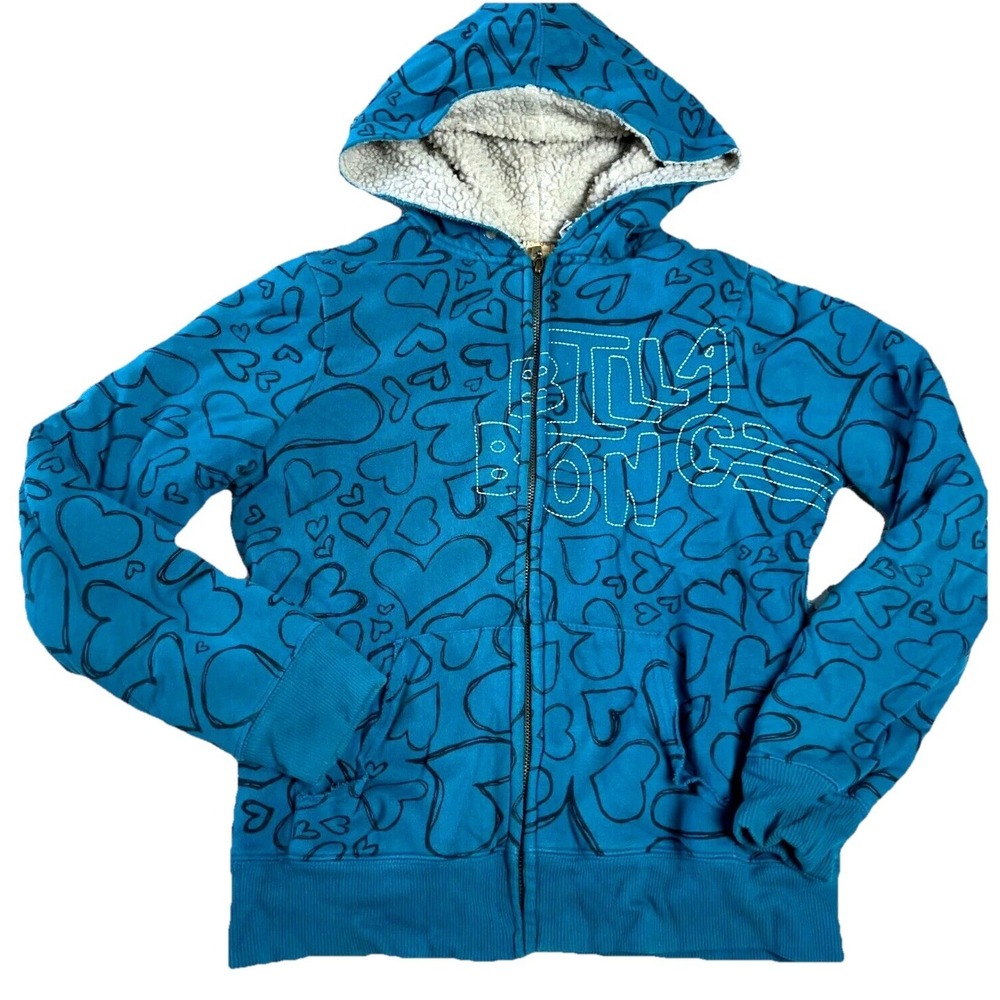 Vintage Y2K Billabong Hoodie Women Medium Teal Jacket Sherpa Lined Skate AOP